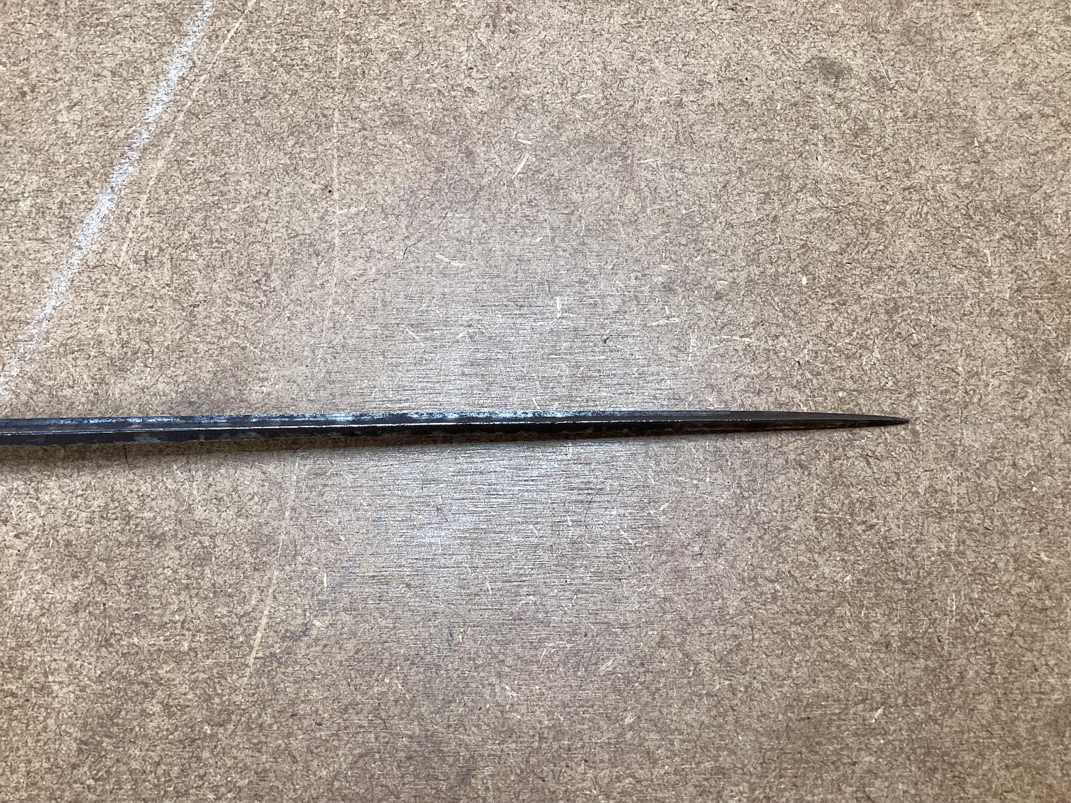 A late 18th century court sword with white metal grip, knuckle guard and mounts, decoration to scabbard band believe to be based on Admiral Duncan’s crest (Camperdown 1797), blade 84cm. Condition - fair to good, some wea